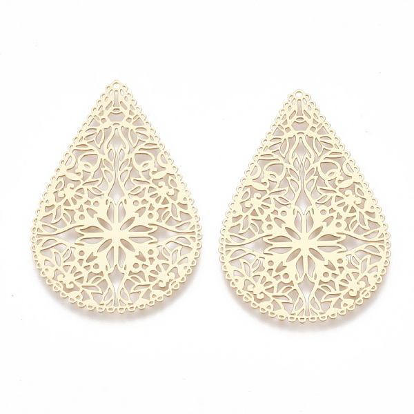 

PandaHall Brass Filigree Joiners Links, Etched Metal Embellishments, teardrop, Light Gold, 40x26.5x0.3mm, Hole: 0.9mm Brass Teardrop