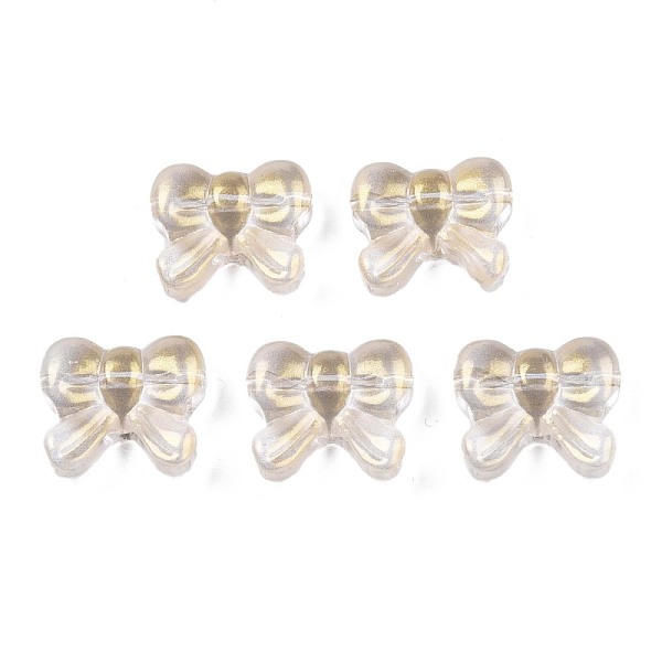 

PandaHall Transparent Spray Painted Glass Beads, with Glitter Powder, Bowknot, Goldenrod, 14x16x6mm, Hole: 1mm Glass Bowknot Gold
