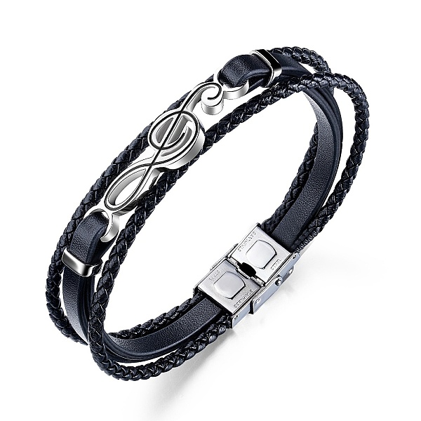 

PandaHall Leather Braided Cords Triple Layer Multi-strand Bracelet, Stainless Steel Musical Note Link Bracelet for Men, Black, 8-5/8 inch...