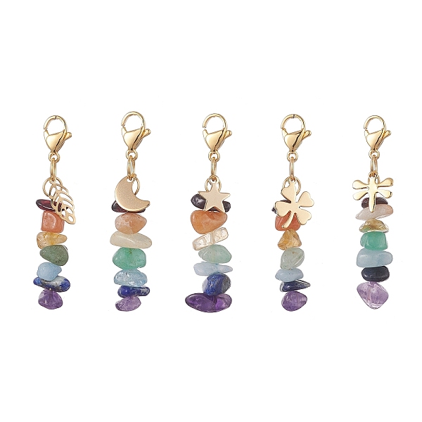 

PandaHall 7 Chakra Natural Mixed Gemstone Chip Pendant Decorations, with Stainless Steel Lobster Claw Clasps and Star/Moon/Leaf/Clover Charm...