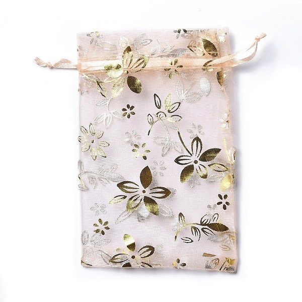 PandaHall Organza Drawstring Jewelry Pouches, Wedding Party Gift Bags, Rectangle with Gold Stamping Flower Pattern, PeachPuff, 15x10x0.11cm...