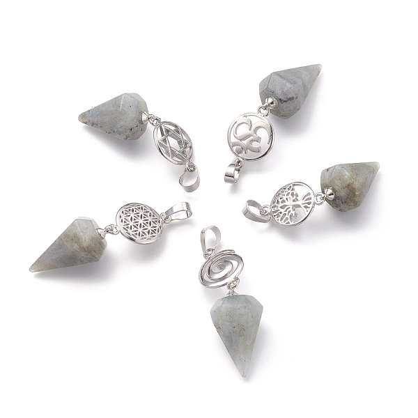 

PandaHall Natural Labradorite Pendants, with Platinum Brass Snap on Bails, Votex/Om Symbol/Tree of Life/Flower of Life/Star of David, Cone...