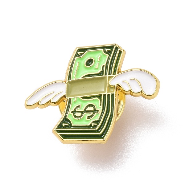 PandaHall Dollar with Wing Enamel Pin, Creative Alloy Badge for Backpack Clothes, Golden, Green, 17x22x1mm, Pin: 1.1mm Alloy+Enamel Green