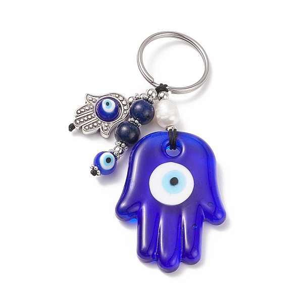 

PandaHall Natural Lapis Lazuli & Freshwater Pearl Bead Keychain, Evil Eye Keychain, with 304 Stainless Steel Findings, Hamsa Hand Pattern..., Blue