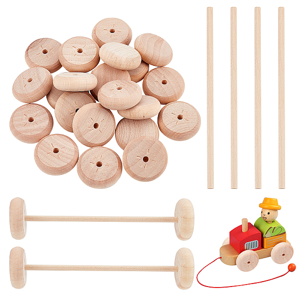 PandaHall OLYCRAFT 24pcs Wood Wheels Unfinshed Wooden Wheel with Wooden Sticks Wooden Craft Wheels Tires with 4.5mm Holes for DIY Model Cars...