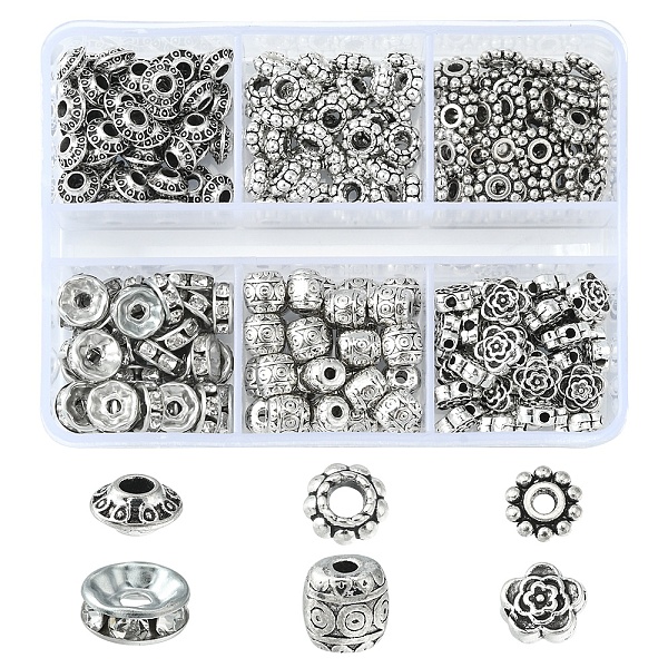 

PandaHall 255Pcs 6 Style Iron Rhinestone & Tibetan Style Alloy Spacer Beads, Rondelle & Bicone & Flower & Barrel, Antique Silver, 6~8x3~6mm...