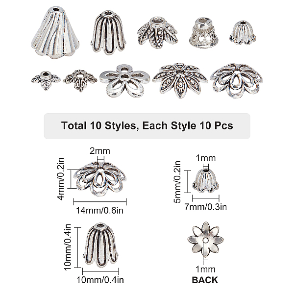 

PandaHall SUNNYCLUE 1 Box 100Pcs 10 Styles Tibetan Flower Beads Caps Silver Alloy Bead Cap Alloy Spacers Bead Cap for Jewelry Making Petal...