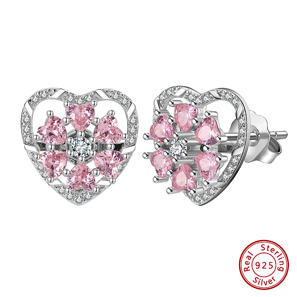 

PandaHall Rhodium Plated 925 Sterling Silver Rotating Heart Stud Earrings, with Pink Cubic Zirconia, with S925 Stamp, Real Platinum Plated...