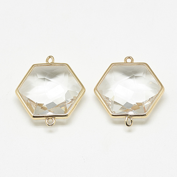 

PandaHall Glass Pendants, with Golden Tone Brass Findings, Faceted, Hexagon, Clear, 25.5x22.5x8mm, Hole: 1mm Brass+Glass Hexagon Clear