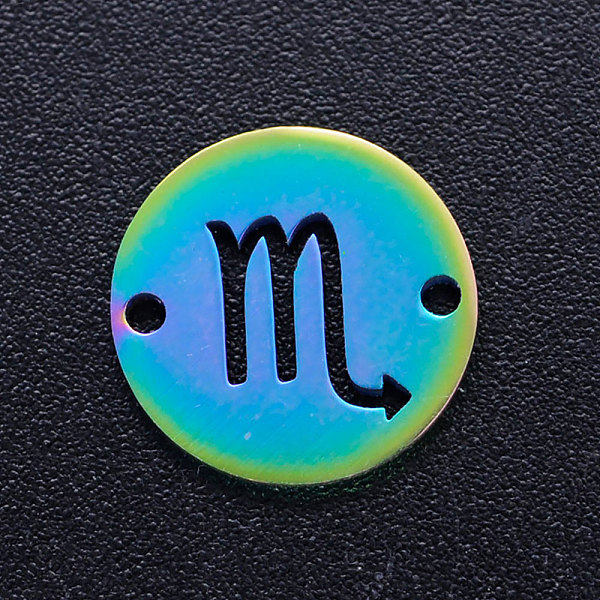 

PandaHall Ion Plating(IP) 201 Stainless Steel Links, Flat Round with Constellation/Zodiac Sign, Rainbow Color, Scorpio, 12x1mm, Hole: 1.2mm...