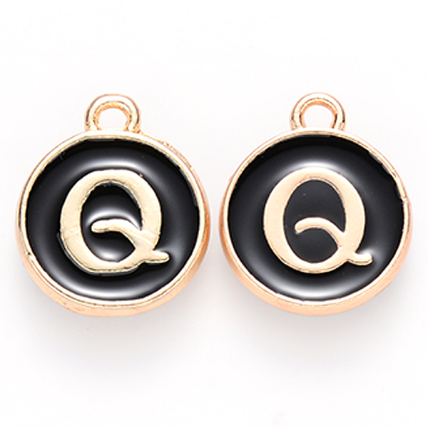 

PandaHall Golden Plated Alloy Charms, Cadmium Free & Lead Free, with Enamel, Enamelled Sequins, Flat Round with Letter, Black, Letter.Q...