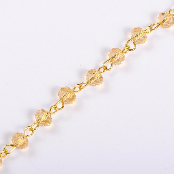 

PandaHall Handmade Rondelle Glass Beads Chains for Necklaces Bracelets Making, with Golden Iron Eye Pin, Unwelded, Goldenrod, 39.3 inch..., Gold