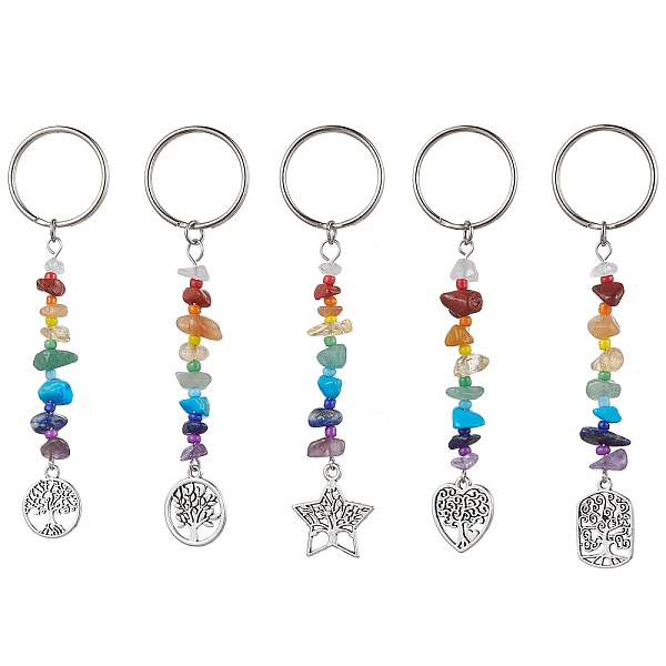 

PandaHall Tree of Life Tibetan Style Alloy Pendant Keychains, with Natural Gemstone Chip Beads and Iron Split Key Rings, Mixed Shapes...