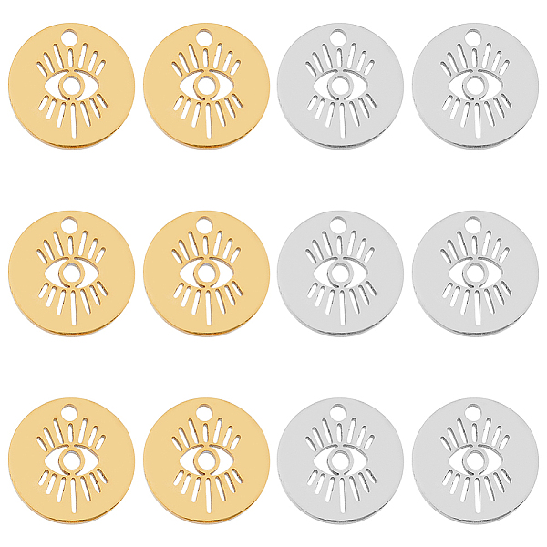 

PandaHall HOBBIESAY 12Pcs 2 Style 304 Stainless Steel Charms, Flat Round with Eye, Golden & Stainless Steel Color, 11.5~12x0.5~1mm, Hole...