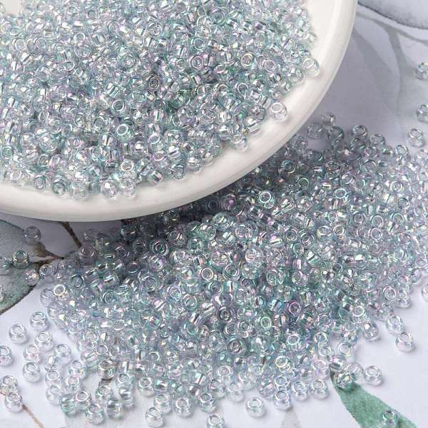 PandaHall MIYUKI Round Rocailles Beads, Japanese Seed Beads, 8/0, (RR2443) Transparent Light Marine Blue Gold Luster, 3mm, Hole: 1mm, about