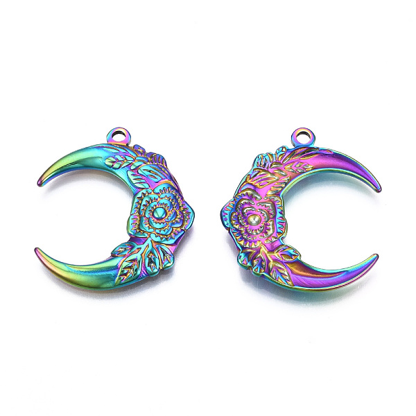 

PandaHall Ion Plating(IP) 201 Stainless Steel Pendants, Moon with Flower, Rainbow Color, 30x26.5x3mm, Hole: 2mm 201 Stainless Steel Moon