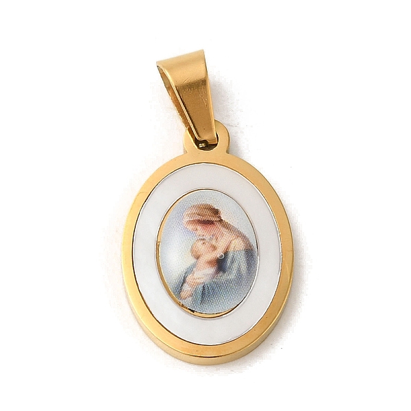 

PandaHall Ion Plating(IP) 304 Stainless Steel Pendants, with Pave Shell, Oval with Saint Charm, Golden, Light Blue, 21x14x3mm, Hole: 6x3mm...