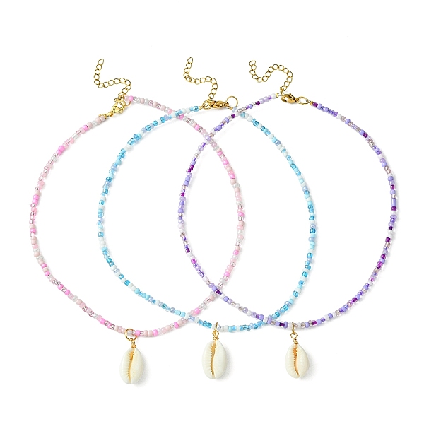 

PandaHall 3Pcs 3 Color Natural Cowrie Shell Pendant Necklaces Set with Glass Seed Beaded Chains, Mixed Color, 16.89 inch(42.9cm), 1Pc/color..., Multicolor