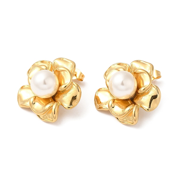 

PandaHall Plastic Pearl Beaded Flower Stud Earrings, Ion Plating(IP) 304 Stainless Steel Jewelry, Real 18K Gold Plated, 23.5x25mm 304...