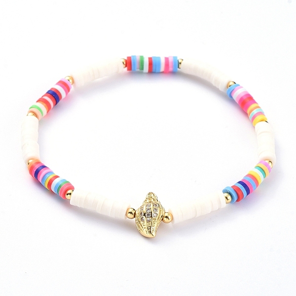 

PandaHall Handmade Polymer Clay Heishi Bead Stretch Bracelets, with Conch Shape Brass Clear Cubic Zirconia Beads and Round Brass Beads..., Orange