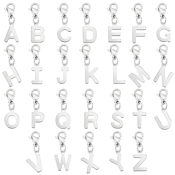

PandaHall 201 Stainless Steel Letter A~Z Pendant Decoration, with 304 Stainless Steel Lobster Claw Clasps, Stainless Steel Color, 24mm, 26...