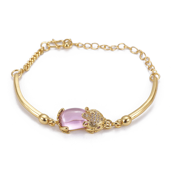 

PandaHall Golden Tone Brass Link Bracelets, with Glass and Cubic Zirconia, Pi Xiu, Pearl Pink, 7-5/8 inch(19.5cm), 2.5~3mm Cubic Zirconia...