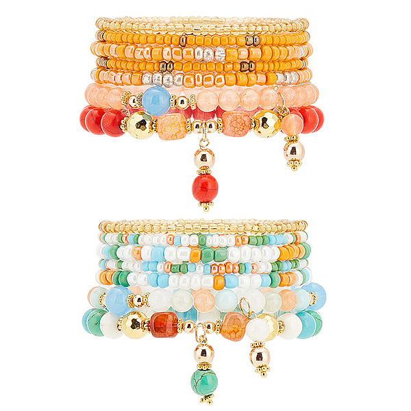 

PandaHall PH 14pcs Stackable Beaded Bracelets Fall Bracelet Bohemian Bracelets Multi Layered beads Bracelet Stone Stretch Bracelets Beach..., Multicolor