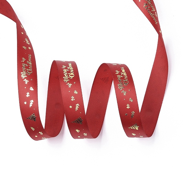

PandaHall 20 Yards Christmas Printed Polyester Satin Ribbon, for Wedding, Gift, Party Decoration, Gold Stamping Christmas Tree Pattern..., Red