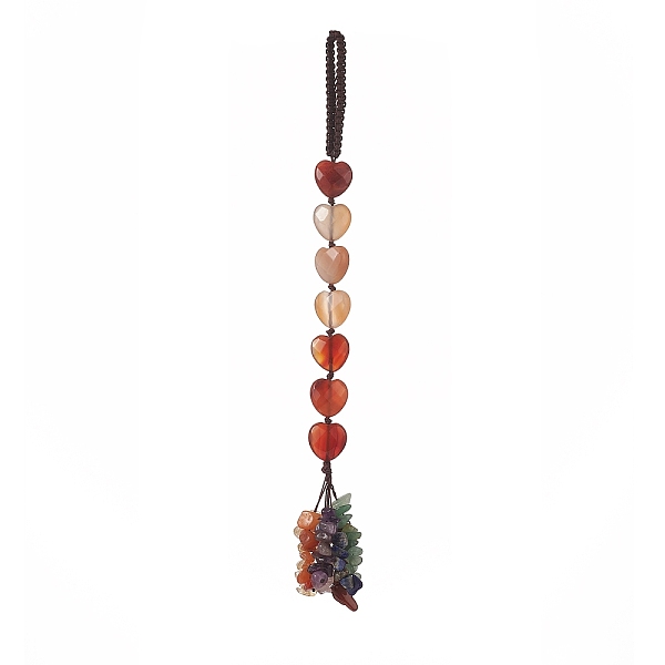 PandaHall Heart Natural Red Agate & Mixed Stone Chips Tassel Pendant Decorations, Nylon Thread Hanging Ornament, 215~220mm Red Agate Heart