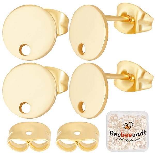 

PandaHall Beebeecraft 50 Pairs 304 Stainless Steel Stud Earring Findings, with Hole & Ear Nuts/Earring Backs, Flat Round, Real 24K Gold...