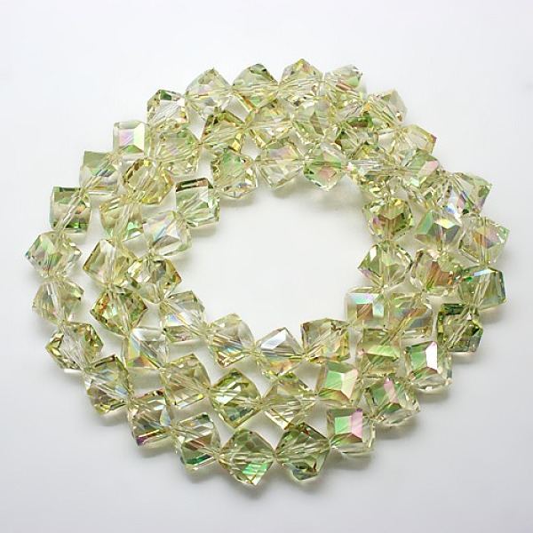 

PandaHall Full Rainbow Plated Crystal Glass Cube Beads Strands, Faceted, Pale Green, 12.6x13.8x10~11mm, Hole: 1.8mm Glass Cube Green