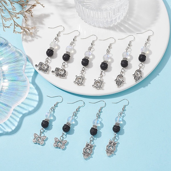 Natural Lava Rock Round Beaded Dangle Earrings