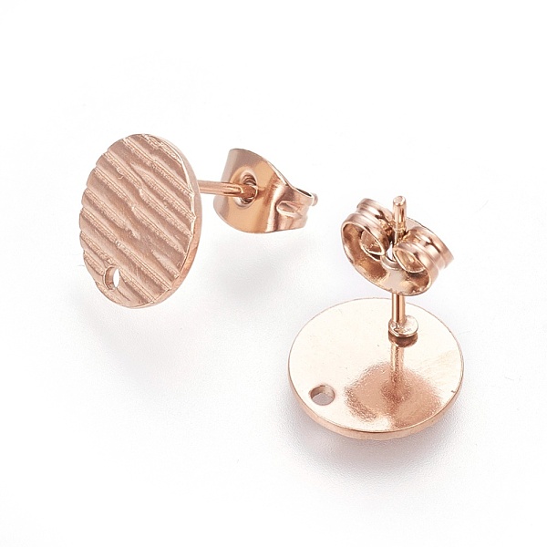 

PandaHall Ion Plating(IP) 304 Stainless Steel Ear Stud Findings, with Ear Nuts/Earring Backs and Hole, Textured Flat Round with Cross Grain...