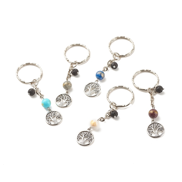 

PandaHall Natural Gemstone Beads Keychain, with Tibetan Style Alloy Pendants, Iron Split Key Rings, Flat Round with Tree of Life, 7.6cm...