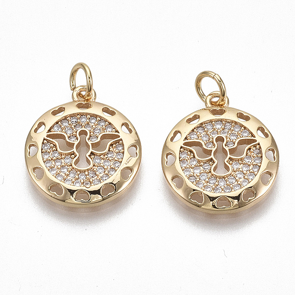 

PandaHall Brass Micro Pave Clear Cubic Zirconia Pendants, Flat Round with Angel, Nickel Free, Real 18K Gold Plated, 17x15x2mm, Jump Ring...