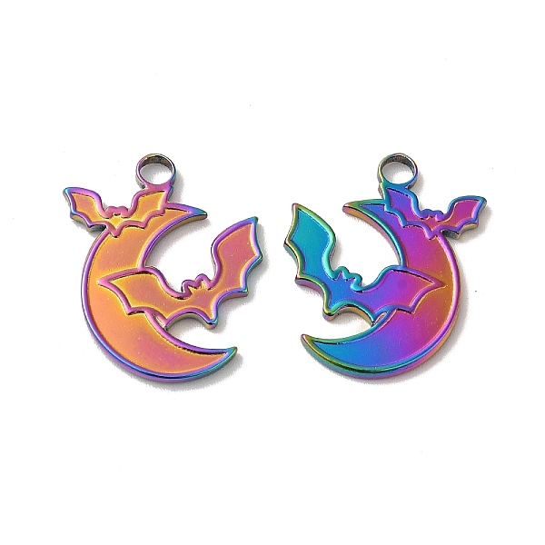 

PandaHall Ion Plating(IP) 304 Stainless Steel Pendant, Moon with Bat Charm, Rainbow Color, 20x16x1.5mm, Hole: 3mm 304 Stainless Steel Moon
