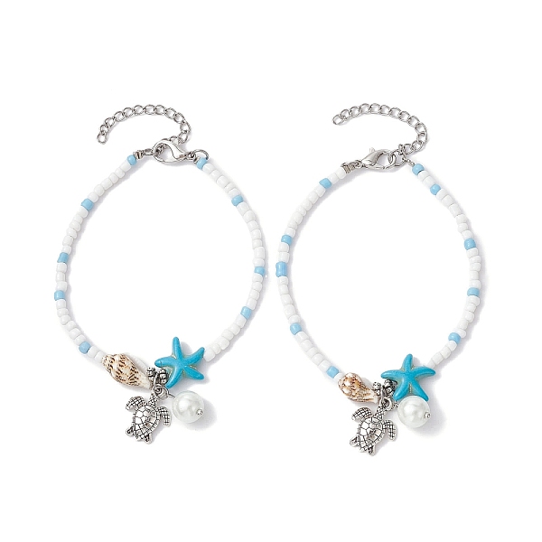 

PandaHall Tibetan Style Zinc Alloy Tortoise Charm Bracelet, with Natural Shell & Synthetic Turquoise Starfish & Seed Beaded Chains..., Green