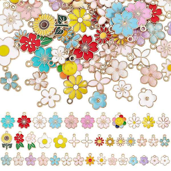 

PandaHall 80Pcs 40 Style Alloy Enamel Pendants, Light Gold, Flower, Mixed Color, 13~27.5x11.5~19x1~4.5mm, hole: 1.2~2mm, 2pcs/style..., Multicolor