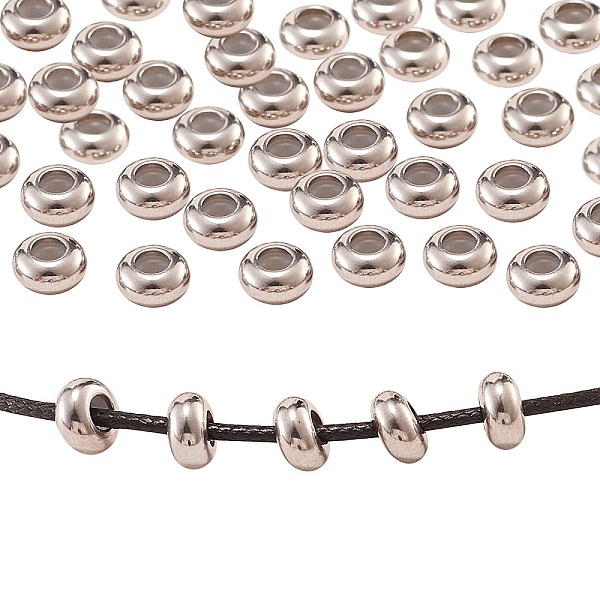 

PandaHall 50Pcs 304 Stainless Steel Beads, with Rubber Inside, Slider Beads, Stopper Beads, Rondelle, Stainless Steel Color, 8x3.5mm, Hole...