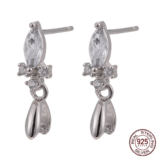 PandaHall Rhodium Plated 925 Sterling Silver Stud Earring Findings, with Micro Pave Cubic Zirconia, Bar Links and Ice Pick Pinch Bail...