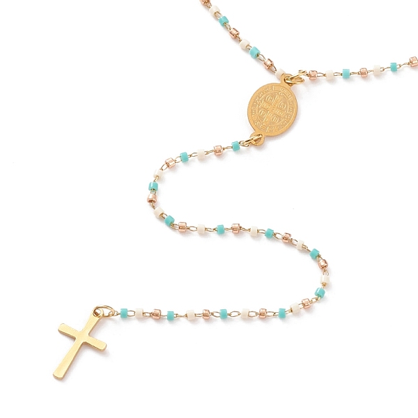 

PandaHall 304 Stainless Steel Pendant Necklaces, with Glass Seed Beads and Lobster Claw Clasps, Cross & Saint Benedict Medal/Saint Benedict..., Green