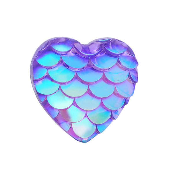 PandaHall Resin Cabochons, Heart with Mermaid Fish Scale, Mauve, 12x12x3mm Resin Heart Purple