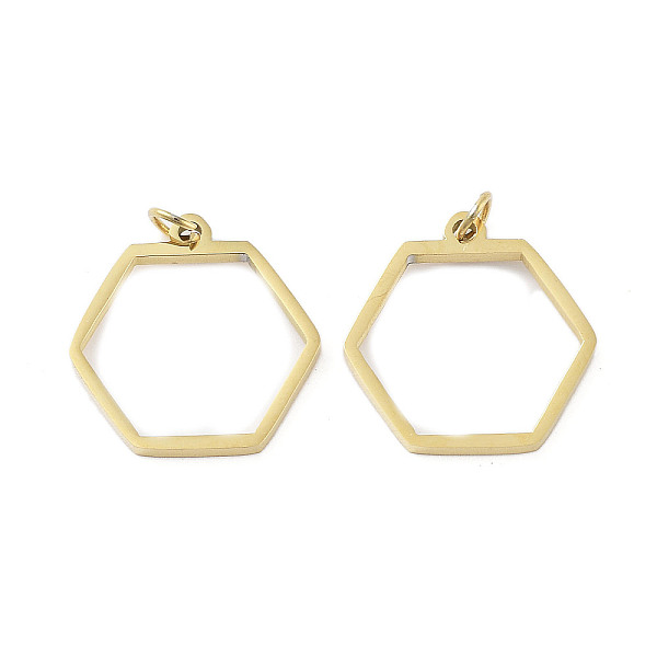 

PandaHall 304 Stainless Steel Pendants, Laser Cut, with Jump Ring, Golden, Hexagon, 17x16.5x1mm, Hole: 2mm 304 Stainless Steel Hexagon