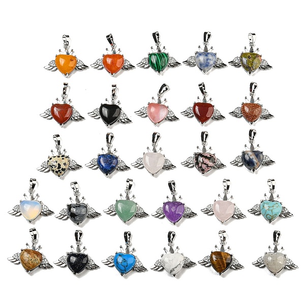 Natural & Synthetic Mixed Gemstone with Clear Cubic Zirconia Pendants, Heart & Wing Charms with Rack Plating Brass Findings, Platinum, Cadmium Free & Lead Free, Mixed Dyed and Undyed, 25x31.5x8.5-9mm, Hole: 7.9x5mm