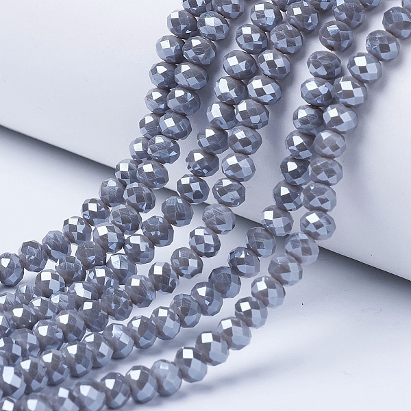 

PandaHall Electroplate Glass Beads Strands, Pearl Luster Plated, Faceted, Rondelle, Gray, 4x3mm, Hole: 0.4mm, about 113~115pcs/strand...