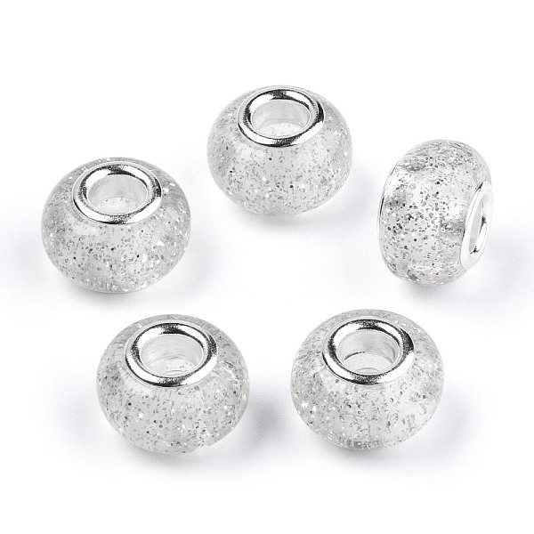 

PandaHall Epoxy Resin European Beads, Large Hole Beads, with Glitter Powder and Platinum Tone Brass Double Cores, Rondelle, Light Grey...