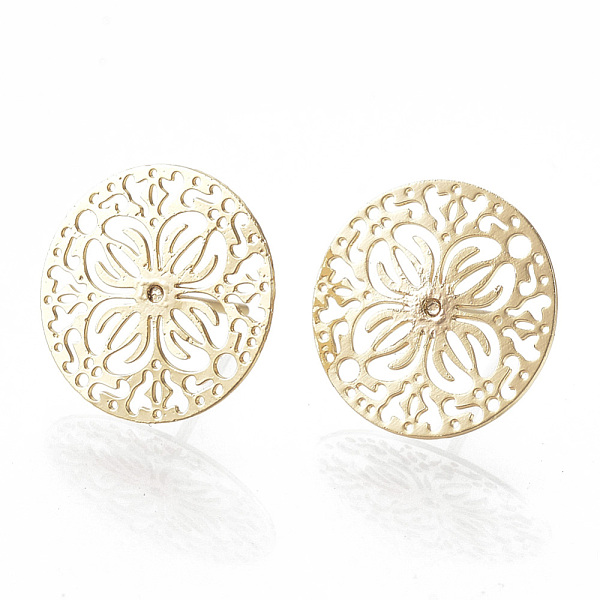 

PandaHall Brass Ear Studs, Flat Round with Flower, Nickel Free, Real 18K Gold Plated, 15mm, Pin: 0.6mm Brass