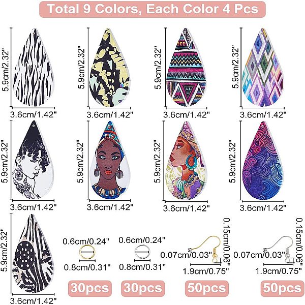

PandaHall DIY Wooden Printing Dangle Earring Making Kits, 36Pcs 9 Colors Teardrop Wood Pendants, Brass Earring Hooks and Jump Rings, Mixed..., Multicolor