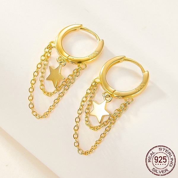 

PandaHall 925 Sterling Silver Star & Chains Tassel Dangle Hoop Earrings for Women, Real 18K Gold Plated, 29x12mm Sterling Silver