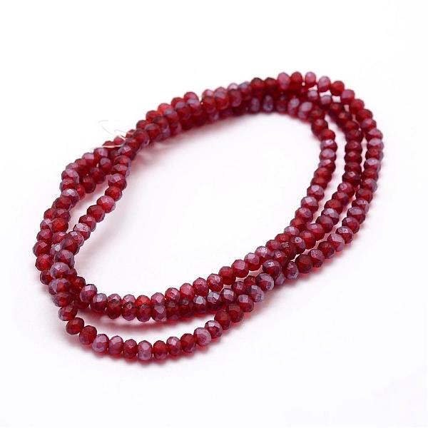 

PandaHall Half Rainbow Plated Faceted Rondelle Glass Bead Strands, Frosted, Dark Red, 3.5~4x2.5~3mm, Hole: 0.8mm, about 150pcs/strand, 15.1...